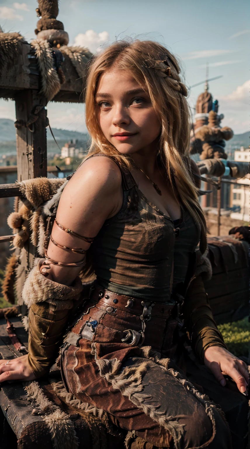 Masterpiece, Best quality,, (photorealistic1.4), (UHD), (epiCRealLife), (flashphoto),, (photorealistic1.4), (cleavage), (medium breasts), (red tank top) (Chloe Grace Moretz), (chl03gm), (Astrid Hofferson Costume), (astrid_Character outfit), (Astrid Armor) (AstridWaifu), (sitting on bench), (Medieval outdoor), (castle landscape), (daytime), (on castle rooftop), (from side), Chloe Grace Moretz smile),