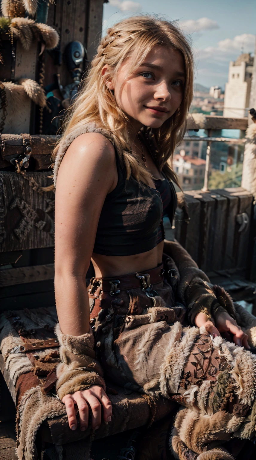 Masterpiece, Best quality,, (photorealistic1.4), (UHD), (epiCRealLife), (flashphoto),, (photorealistic1.4), (cleavage), (medium breasts), (red tank top) (Chloe Grace Moretz), (chl03gm), (Astrid Hofferson Costume), (astrid_Character outfit), (Astrid Armor) (AstridWaifu), (sitting on bench), (Medieval outdoor), (castle landscape), (daytime), (on castle rooftop), (from side), Chloe Grace Moretz smile),