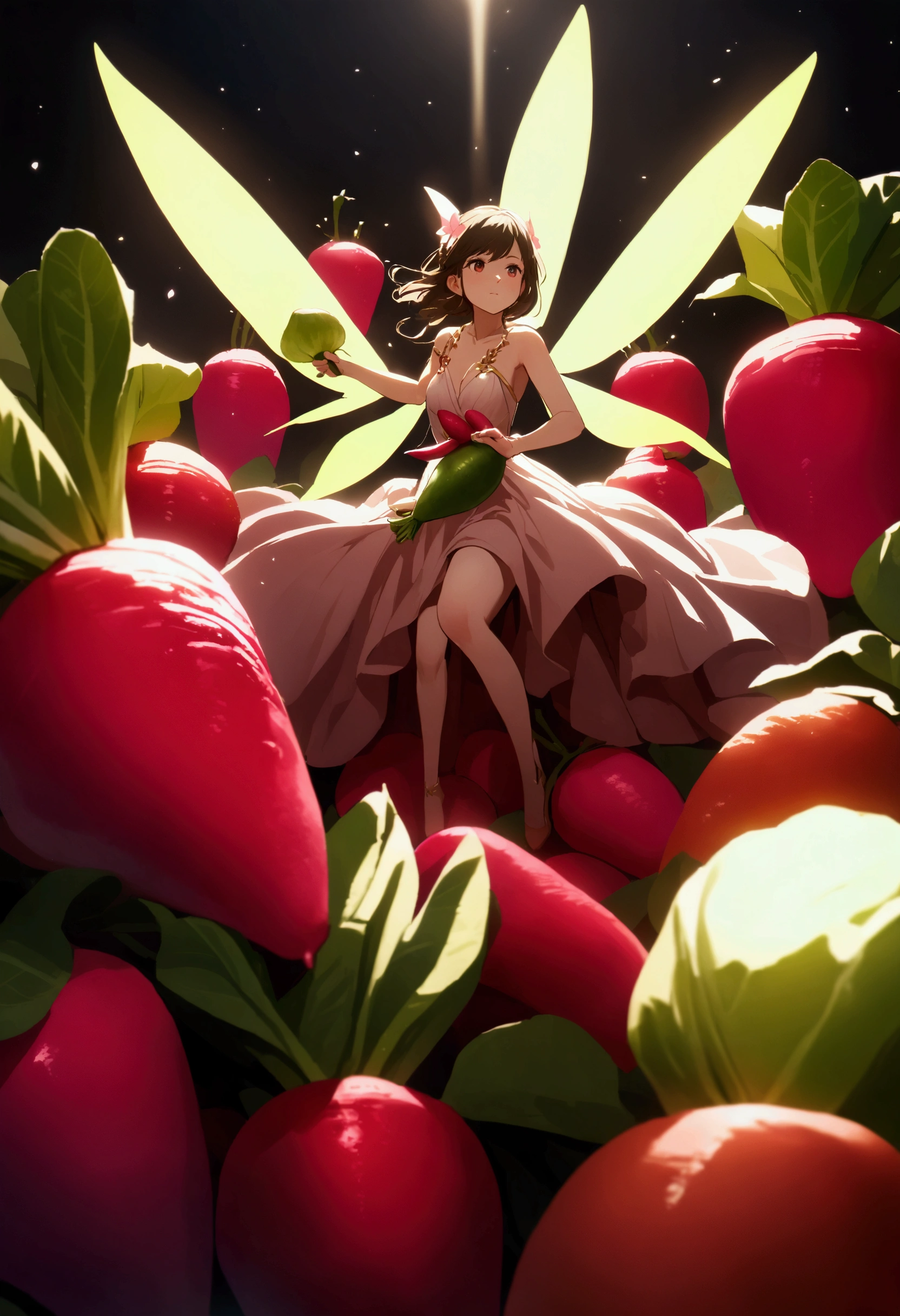 a fairy flying over a pile of red Radishes , holding one Radish on her hand