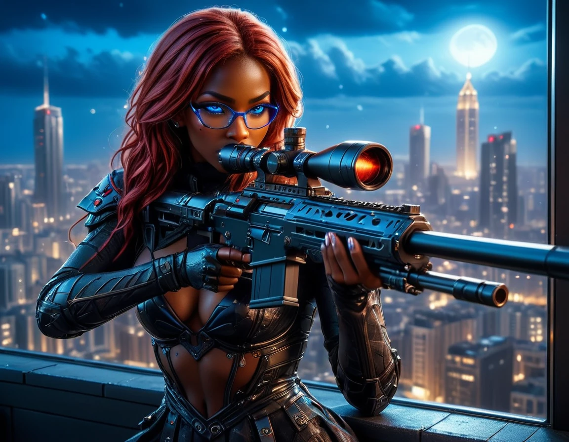 a portrait picture of a 1single woman sniper, standing in a window aiming a sniper rifle, an exotic beautiful woman sniper, red hair, braided hair, (black skin: 1.3), intense blue eyes, wearing intricate glasses ultra detailed face, wearing intricate evening dress, elegant dress, dynamic color, dynamic style, wearing elegant stiletto heels , behind a window in a tall building at nigh, aiming a Light Sniper Rifle , cyberpunk city background, its night time, moon rays, some clouds,  (full body shot: 1.1) , vibrant, Ultra-high resolution, High Contrast, (masterpiece:1.5), highest quality, Best aesthetics), best details, best quality, highres, ultra wide angle, 16k, [ultra detailed], masterpiece, best quality, (extremely detailed) Sniper Rifle, Intense gaze
