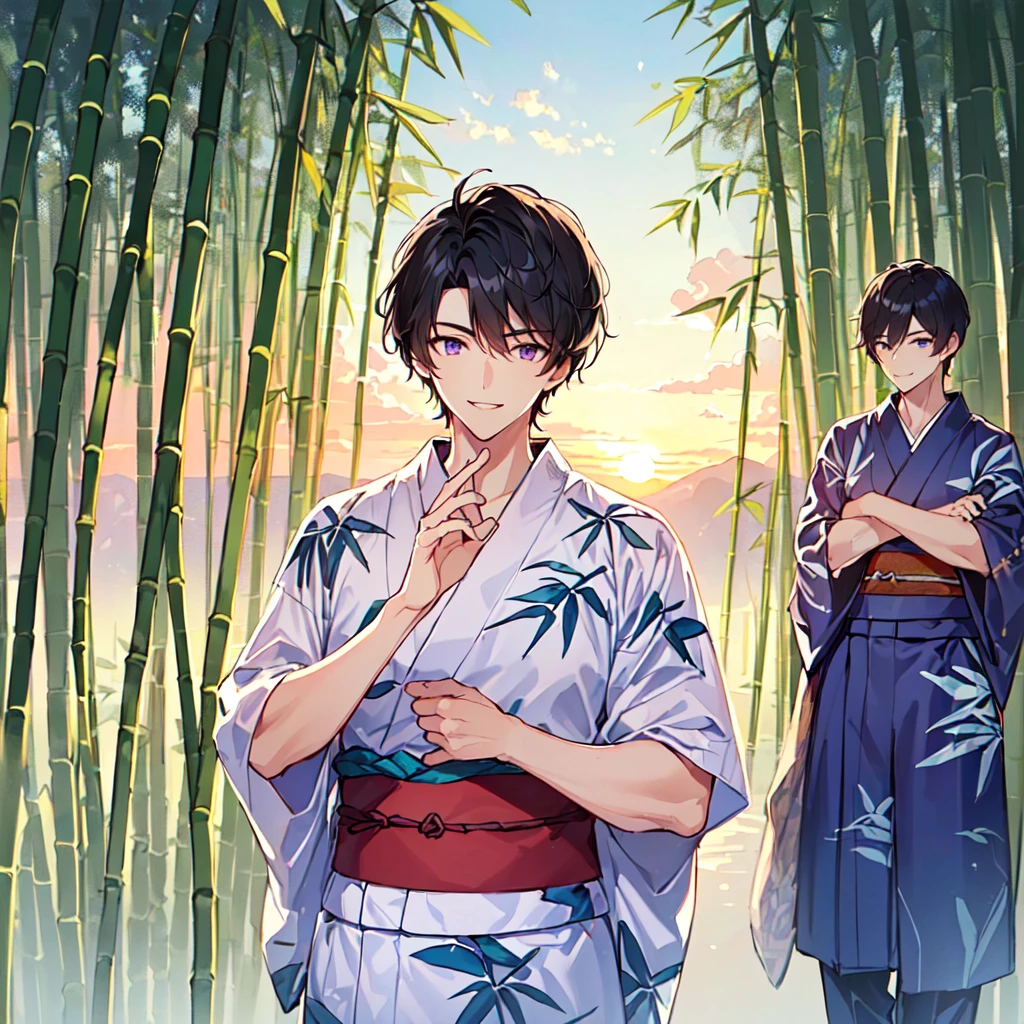 masterpiece,best quality,high quality,(1 male austere handsome solo adult age 30:1.5), purple eyes, cool with drooping eyes, V-shaped eyebrows, body strong and fearless 8.5 head tall, height 185cm, (well-groomed short black hair down to neck:1.4), (bangs 7 thirds parted:1.4), slender nose, facial muscles, throat, (Japanese print summer yukata with short sleeves and pants:1.3), (stylish pose), (cool smile:1.3), (bamboo forest in background:1.3), (sunset:1.3), (upper body:1.3)