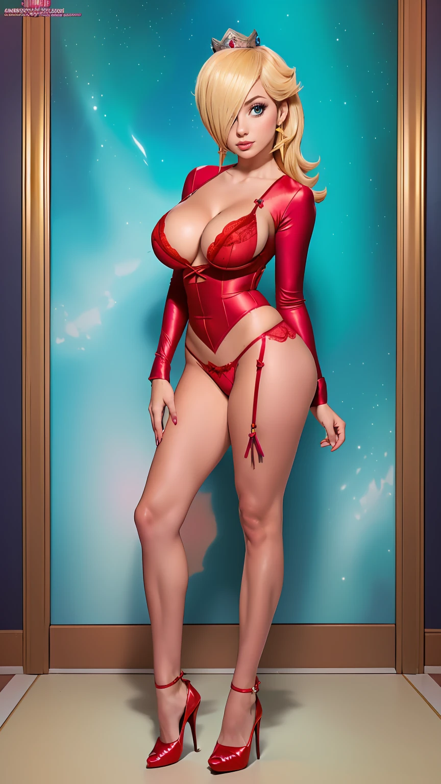 (best quality). (Ultra Detalhado). (1girl), Olhando para o Viewer. (Antecedentes detalhados). belos olhos detalhados. rosto delicado e bonito, seios grandes, droopy breasts, (((sexy date red lingerie outfit))), (((sexy cleavage))), (((sexy legs))), (((heels))), Rosalina