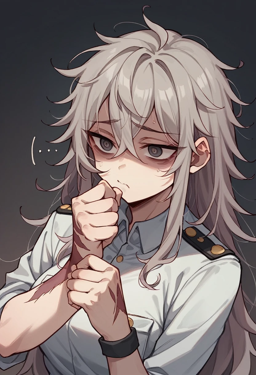 One Girl、Big dark circles under the eyes、Grab your arm、looking at the camera、Pleading eyes、wrist cut marks、uniform、Messy Hair、Long Hair、Sleepy girl、Bullied、Dimly lit hallway、人のGrab your arm、