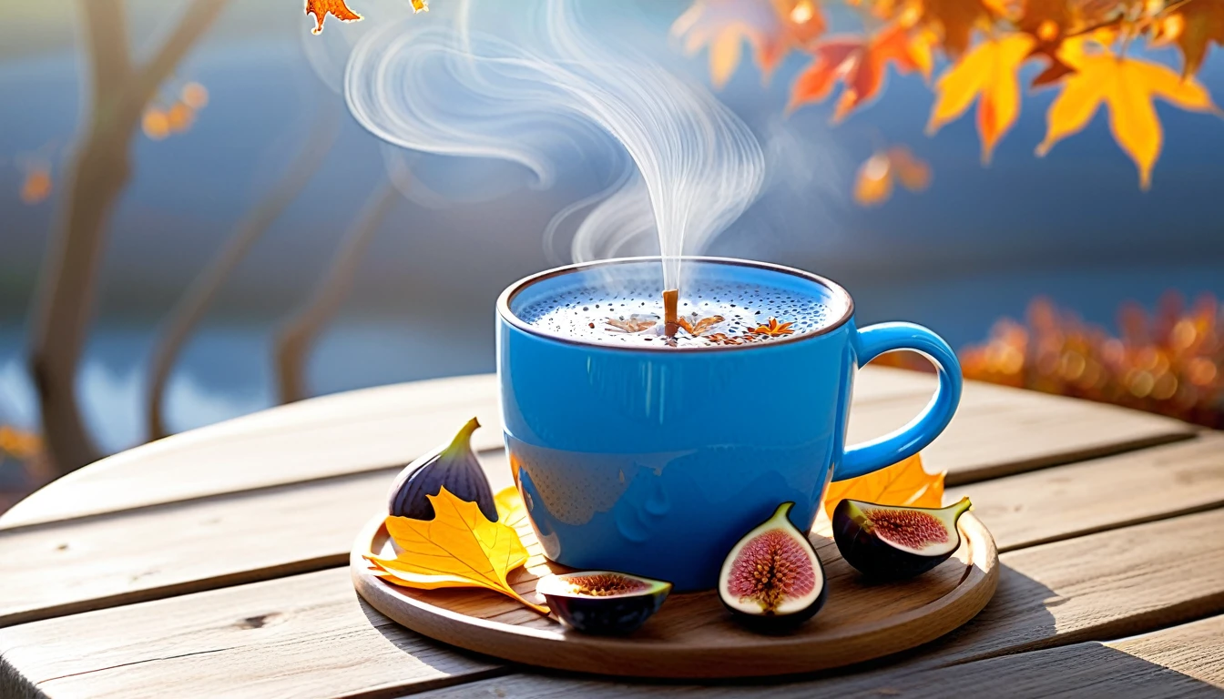 Create an image of a cozy autumn atmosphere by featuring a steaming American cup on a wooden coaster. The cup is adorned with a design of fallen leaves that matches the orange leaves scattered around it. Ripe and cut figs lie nearby, and the scene is illuminated by the warm light of the morning sun, which hints at a peaceful morning atmosphere. This atmosphere is enhanced by the potted plants that add to the serene atmosphere. and the beautiful natural scenery in the background.