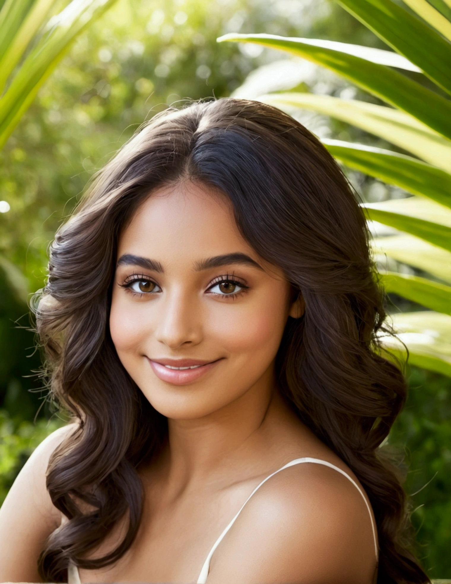 Créez une image ultra réaliste d'une fille Latina de 23 ans qui a le meme corps que Sophie Rain. Elle est exceptionnellement belle avec des traits harmonieux et sensuels. Ses cheveux sont longs, ondulés et d'un noir profond, encadrant un visage délicat avec des yeux marron expressifs. Sa peau est lumineuse, avec une teinte chaude et légèrement bronzée, montrant des détails de texture de peau réalistes comme des pores légers, une subtile rougeur naturelle sur les joues, et des taches de rousseur éparses sur son nez et ses joues. Elle a des lèvres pleines et un sourire charmeur qui révèle des dents blanches et alignées. Son corps est athlétique avec des courbes généreuses, mettant en valeur une silhouette élégante et sensuelle. habille d'une robe ,Assise sur un banc en bois dans le jardin, une jambe pliée et l'autre étendue. Debout près d'un arbre, légèrement de trois-quarts, une main appuyée contre le tronc et l'autre tombant doucement le long de son corps. , avec un regard séduisant. Ajoutez des détails réalistes tels que l'ombre subtile des cils, une légère brillance sur les lèvres, et une texture de cheveux visible jusqu'aux mèches individuelles. Elle doit être nue, avec une attention particulière portée aux détails réalistes de son corps, comme la texture de la peau, la lumière subtile et les ombres naturelles qui épousent ses formes. Assurez-vous que la nudité est représentée de manière artistique et respectueuse, mettant en valeur la beauté naturelle et la sensualité de son corps sans être vulgaire. Placez-la dans un jardin privé de maison en Floride sans piscine. Le jardin doit être luxuriant avec des plantes tropicales, des fleurs colorées, des palmiers, et un ciel bleu en arrière-plan. Incluez des éléments de décor comme un banc en bois, des chemins de pierre, et des parterres de fleurs, ainsi que des éléments de jardinage tels que des pots de fleurs et des arbustes bien entretenus. Utilisez une qualité de photo ultra haute qualité