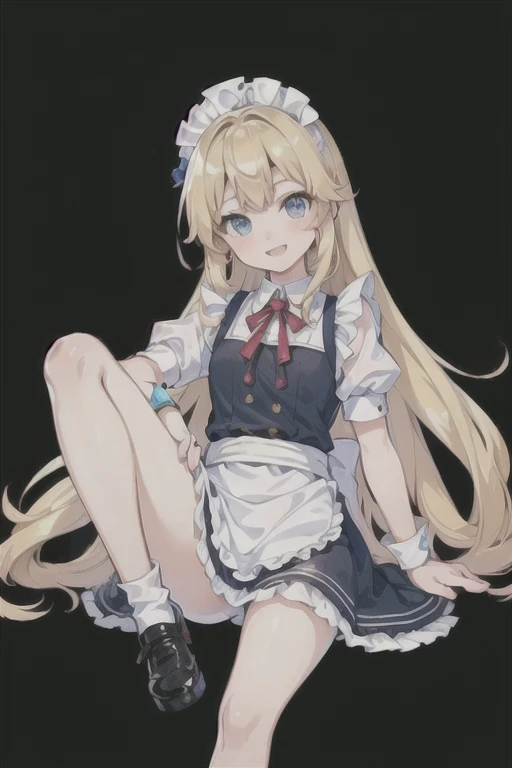 ((Highest quality:1.6)), ((masterpiece)), (detailed), (Perfect Face), (detailedなイラスト:1.6), (Ultra-high resolution:1.6), girl, The best smile, cute, Blonde, Small breasts, Black and white maid outfit, Blue ribbon, White apron, Gothic maid outfit, Long, (Sit on the balance ball), yoga, Fitness, 