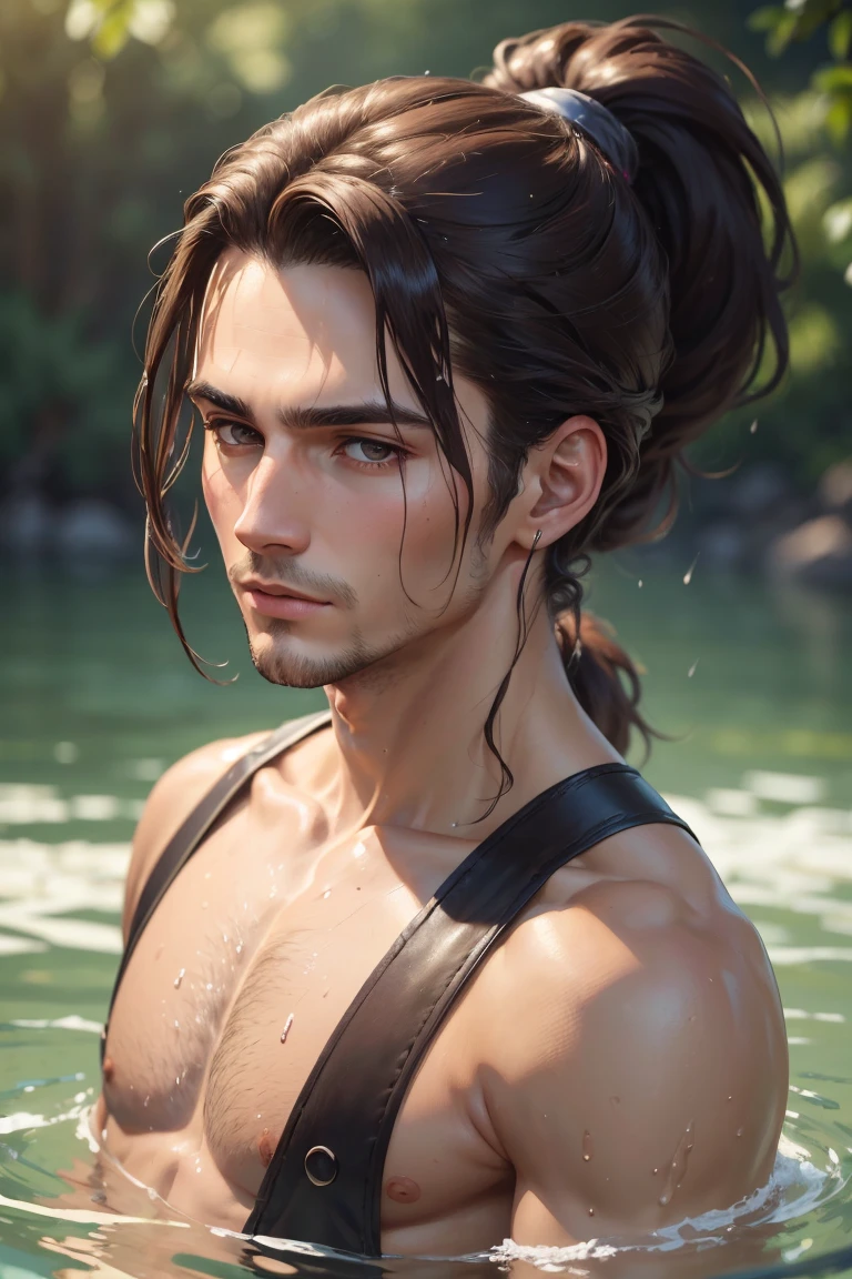 (best quality, 8k, masterpiece :1.3)), 1 man (Dark brown hair, ponytail), wet:1.2, Super detailed faces, delicate eyes,upper body.