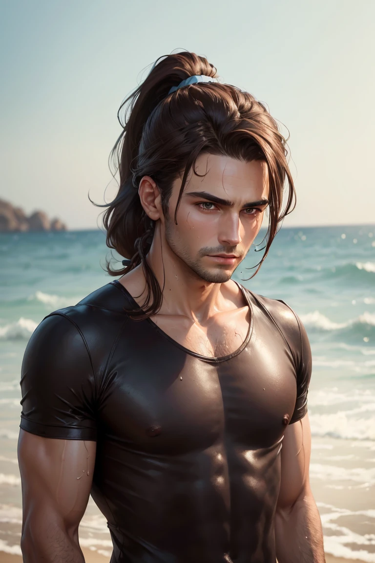 (best quality, 8k, masterpiece :1.3)), 1 man (Dark brown hair, ponytail), wet:1.2, Super detailed faces, delicate eyes,upper body.
