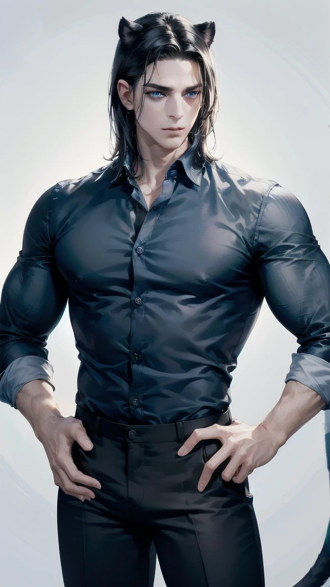 Masterpiece, Superior picture quality, high resolution, 4K images, man ,Hair set with a middle part, black hair. ,white skin, Dark blue eyes, Very detailed eyesight, height, The body is muscular.,  Any color shirt with the sleeves rolled up., black pants ,It has the ears and tail of a panther.