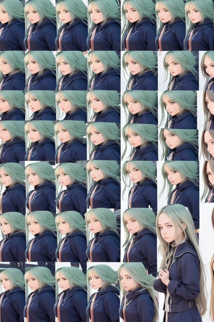 make a image in a a grid of nine panels, like a sprite sheet, in images have to be a anime girl portrait, same girl in all panels, As the sequence progresses, the character's hair becomes increasingly disheveled and animated, suggesting movement or wind action