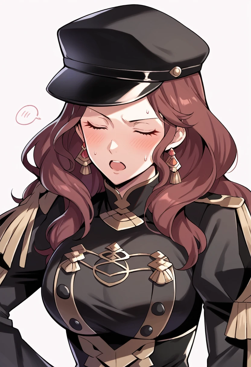 score_9, score_8_up, score_7_up, source_anime, Dorothea (Fire Emblem), bust shot, black headwear,  (black long-sleeve uniform), brown hair, dangle earrings, gold trim, closed eyes, jewelry, large breasts, long hair, black peaked cap, black hat, looking at the viewer, serious facial expression, slightly-open mouth, blush, sweat, seductive