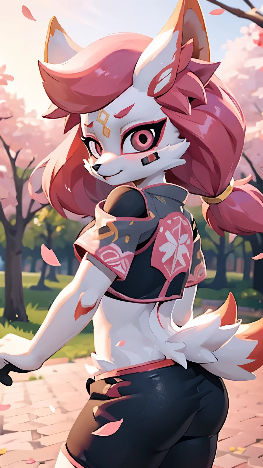 kimiko, furry female anthro, fox girl, white body fur, Pink hair, multiple tails, solo, body fur, (best quality), cinematic lighting, short ponytail, masterpiece, perfect hair, background of falling sakura petals, cherry blossoms, turned her back to the viewer, Kimiko clothes,