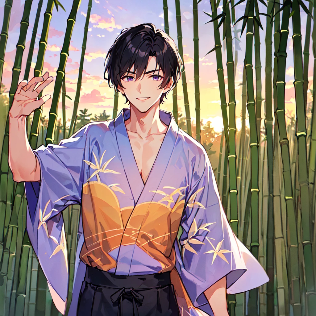 masterpiece,best quality,high quality,(1 male austere handsome solo adult age 30:1.5), purple eyes, cool with drooping eyes, V-shaped eyebrows, body strong and fearless 8.5 head tall, height 185cm, (well-groomed short black hair down to neck:1.4), (bangs 7 thirds parted:1.4), slender nose, facial muscles, throat, (Japanese print summer yukata with short sleeves and pants:1.3), (stylish pose), (cool smile:1.3), (bamboo forest in background:1.3), (sunset:1.3), (upper body:1.3)
