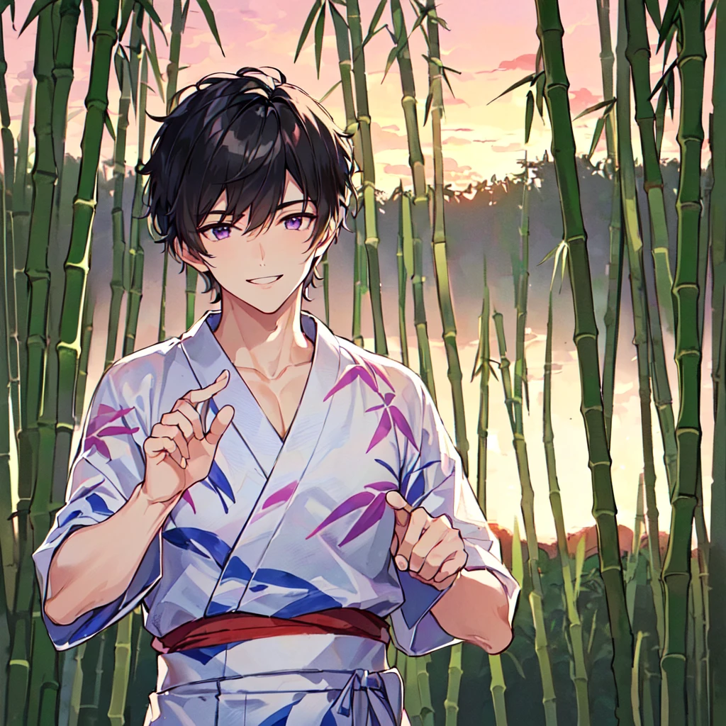 masterpiece,best quality,high quality,(1 male austere handsome solo adult age 30:1.5), purple eyes, cool with drooping eyes, V-shaped eyebrows, body strong and fearless 8.5 head tall, height 185cm, (well-groomed short black hair down to neck:1.4), (bangs 7 thirds parted:1.4), slender nose, facial muscles, throat, (Japanese print summer yukata with short sleeves and pants:1.3), (stylish pose), (cool smile:1.3), (bamboo forest in background:1.3), (sunset:1.3), (upper body:1.3)