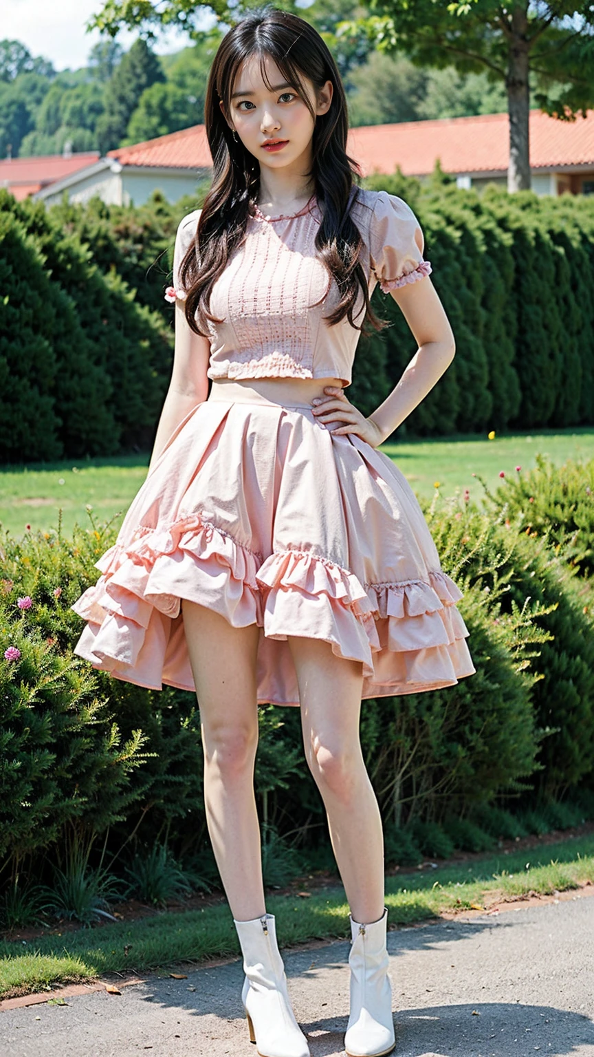 (8k、RAW Photos、Highest quality、masterpiece:1.2)、(Highest quality、Realistic)、1 Girl、((Frills、Pink mini skirt、Idol Costume、ribbon、See-through、Thin legs、whole body、boots、garden、View from the front、Looking into the camera、Stand with hands on hips))、cute