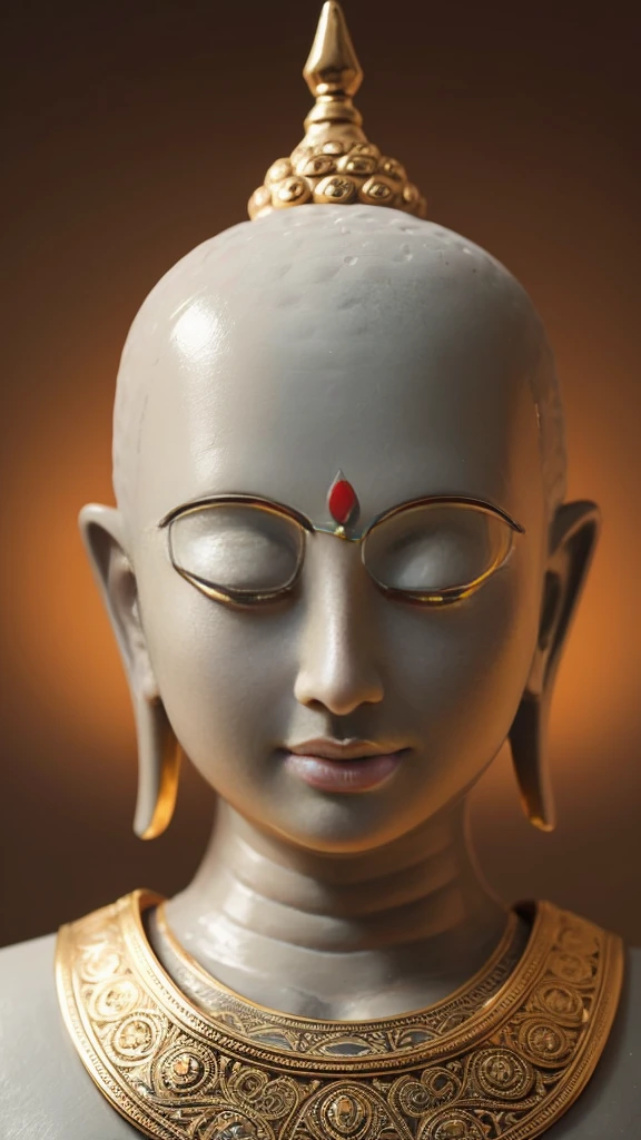 Create a close-up front-facing image of a mystical human figure with features reminiscent of a Buddha. The figure should have a serene and peaceful expression, with a slight smile. Ensure the face is prominently displayed with clear, well-defined eyes, nose, and mouth for easy detection. The figure should have a smooth, bald head and elongated earlobes, similar to a traditional Buddha. The eyes should be particularly expressive and captivating. Dress the figure in traditional robes with intricate patterns. The background should be calm and tranquil, featuring elements like a soft, glowing aura.