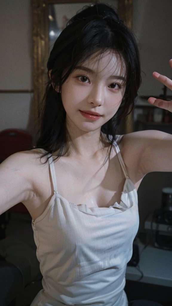 8k,best quality, masterpiece, Ultra-high resolution, (Reality:1.4), RAW photos, (Realistic skin texture:1.3), (Film Grain:1.3), (Selfie Angle),1 Girl,Beautiful and detailed eyes and face,masterpiece, best quality,close up,Upper body, , Beautiful lip detail, Medium length hair in a ponytail, Long eyelashes, Wearing see-through underwear, Nipples are visible, Taking a selfie with a shy smile and rosy cheeks, Smooth armpits and milky skin, (Highest quality,8k,High resolution,masterpiece:1.2),Very detailed,Cinema Lighting,Dramatic Shadows,elegant,Sensual,feminine,Realistic portraits,High Fashion,Chiaroscuro,Glamour,Popularity
