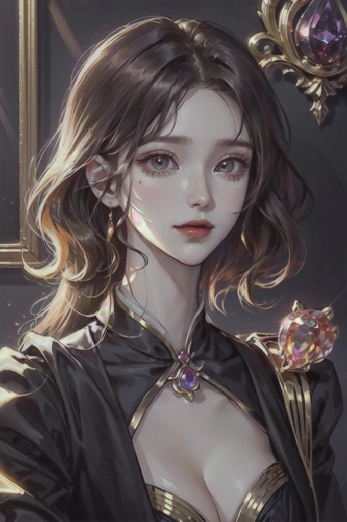 I'd like a headshot portrait of a Noble girl, around 21 years old, with ((rosy gold wavy hair: 1.2)), ((Padparadscha sapphire doe eyes: 1.2)), and ((porcelain skin: 1.0)). , cute and delicate appearance with an elegance on it. The portrait should be in a semi-realistic style, resembling an oil painting. She should have a gentle smile and posting and looking full frontal. The portrait should be framed in an ornate, gold-colored wooden frame with intricate carvings. The frame is rectangular. It should be in a manhwa historical romance fashion.