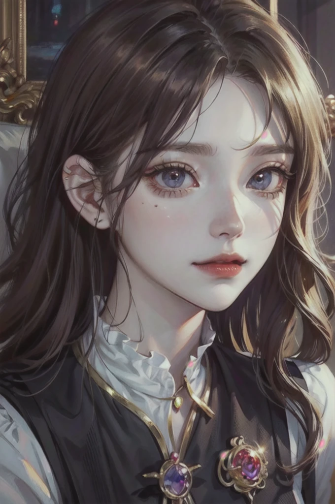 I'd like a headshot portrait of a Noble girl, around 21 years old, with ((rosy gold wavy hair: 1.2)), ((Padparadscha sapphire doe eyes: 1.2)), and ((porcelain skin: 1.0)). , cute and delicate appearance with an elegance on it. The portrait should be in a semi-realistic style, resembling an oil painting. She should have a gentle smile and posting and looking full frontal. The portrait should be framed in an ornate, gold-colored wooden frame with intricate carvings. The frame is rectangular. It should be in a manhwa historical romance fashion.