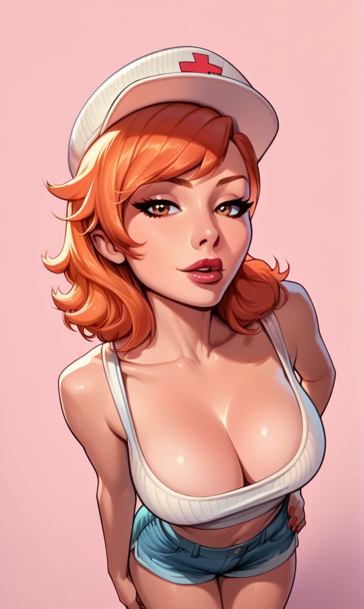 white female with short orange hair and blue headband in her hair, long mouth,thick red lips and big brown eyes with a thin pear green bikini, She is kneeling and thin, big tits, barefoot, nice feet, Whole body.