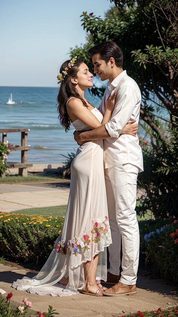 Beautiful lovers fall in love with each other on the garden with beautiful flowers and grass along the beach watching the waves