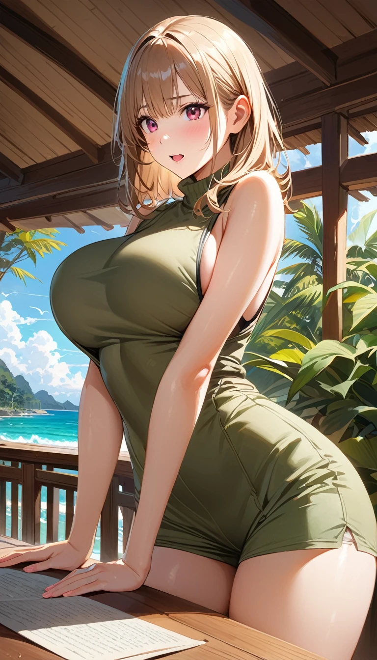 Tabletop, Highest quality, Photorealistic, In detail, High resolution, 8k wallpaper, Perfect dynamic composition, Beautiful attention to detail, Medium Hair, Big ample , Random  poses,Put your  together、(Ultra tight sleeveless waistless khaki knitwear))、( Swelling 1.2)、Laughter、Open your mouth、Resort scenery、23 years old、(Droopy Eyes 1.4)、 beauty、Japanese