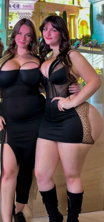 two women posing for a picture in a mall, Big tits, huge , no clothes, sexy, cute, wide hips, thick thighs, pear-shaped body, minimal clothes, thick, thick nipples, nipple piercings, large areola, hard nipples, piercing through shirt, nipples hard through shirt, busty, major cleavage, naked, ripping through top, spilling over sides, bra too tight, giant , dominatrix, dominatrix clothes, revealing clothes, ass so fat you can see it from the front, giant tits, huge ass from side, multiple girls, wide girls, 2 girls with huge tits naked, naked two girls