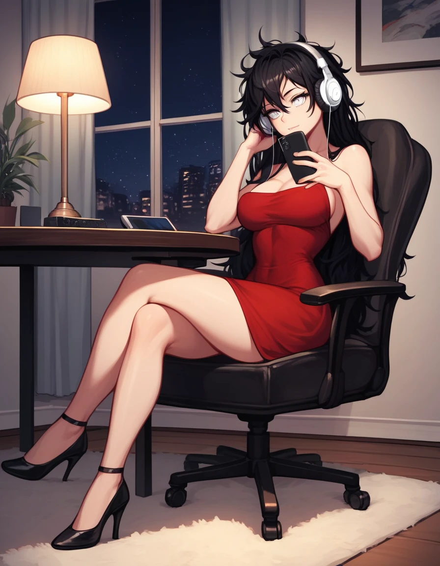 score_9, score_8_up, score_7_up, score_6_up, score_5_up, score_4_up, source_anime, 1woman, sit, chair, table, black hair, headphones, smartphone, listening music, watching smartphone, long hair, white eyes, messy hair, red dress, crossed legs, black high heels, living room, night, lamps, best quality, best res, 4K UHD,