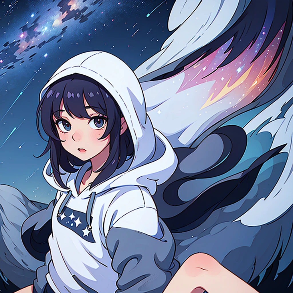 girl wearing a hoodie and shorts laying on a mountain looking up at the night sky, beautiful sky with stars and galaxies