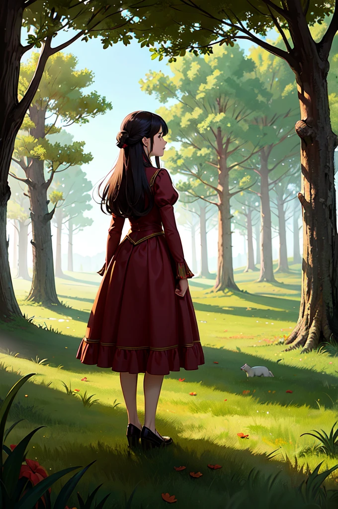 An illustration for a fairy tale about a girl standing in the forest who can talk to animals.