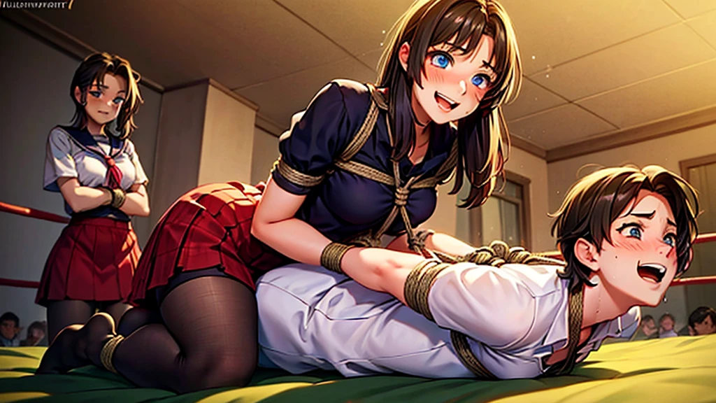 (1 boy, 1 girl), a age school girl in mixed bondage wrestling with a teenboy, they are roughly the same age, the school girl is wearing a red pleaded careered skirt and a black pullover, the girl has a is a bit smaller than the boy, the girl has shoulder long hair, the boy is wearing casual clothes, teenage hogtied and struggling against the ropes, school girl applying more ropes to the teenage boysy, blushing boy dominated and controlled by the girl, the girl is smiling and laughing and tries to humiliate the teenage boy, thenage boy is blushand ashamed and is gritting his teeth, he desperately tries to break free but to no avail, the boy struggles and squirms against the ropes, the girl is sitting on top of the teenage boy to prevent hrom moving and has ropes in her hands and uses them to tie up the arms of the teenage boy behind his back,arms of the teenage boy are completely tied nd his back in lots of ropes, the teenage boy looks very embarrased anhamed, the girl is saying „this must be embarrassing for you“ , huge struggle, many viewers watching, wrestling ring,intricate rope work, teenage boy blushing and ashamed, dramatighting, highly detailed, photorealistic, 8k, masterpiece, teenage school girl vs teenage school boy, fm, power, control, beaul teenage girl, detailed faces, teenage boy aggresiveled up by teenage girl, lots ofe, perfect eyes, detailed faces, sq and struggle marks arround the boy