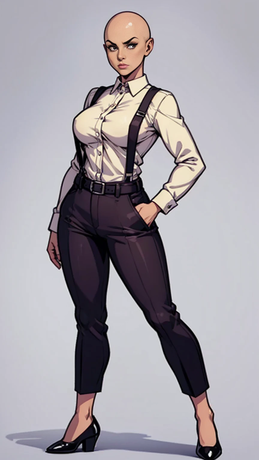digital art, highly detailed, reference sheet, standing pose, feminine features, mature woman, adult female, fit figure, whole body, bald, form-fitting, office shirt, suspenders, belt, baggy pants, heeled shoes, 1woman, solo, upper body, lower body, ((Extremely Detailed)), ((Best Quality)), ((Masterpiece)), ((4k)).
