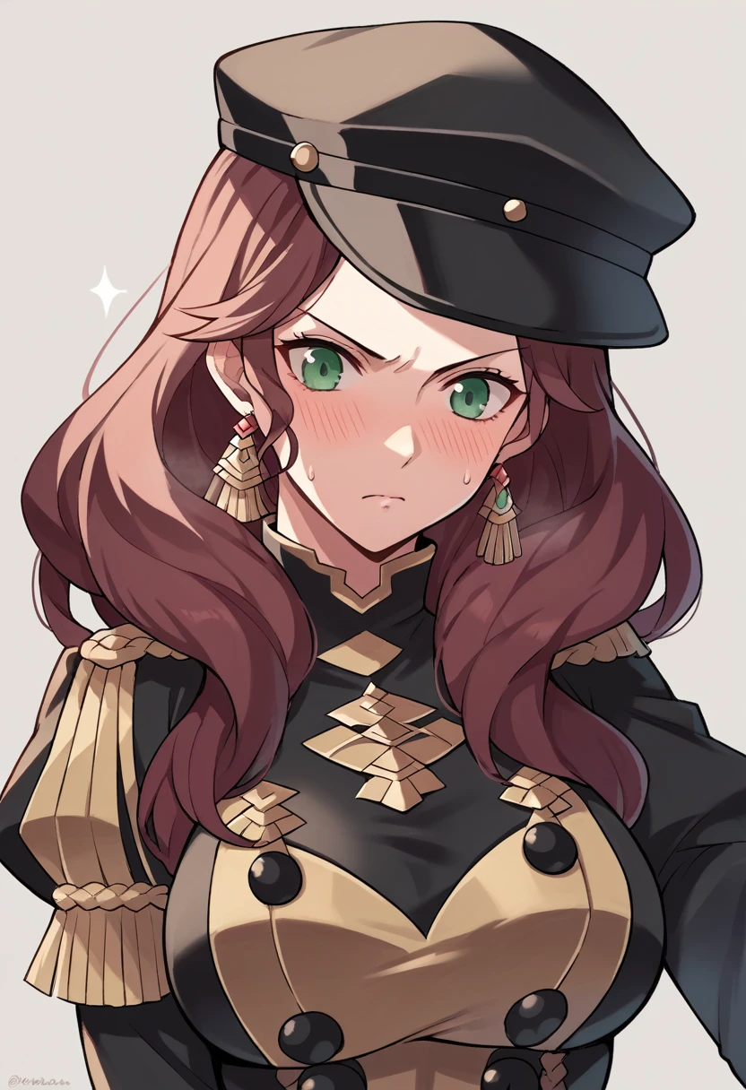 score_9, score_8_up, score_7_up, source_anime, Dorothea (Fire Emblem), bust shot, black headwear,  (black long-sleeve uniform), brown hair, dangle earrings, gold trim, green eyes, jewelry, large breasts, long hair, black peaked cap, black hat, look down, serious facial expression, closed mouth, blush, sweat, seductive