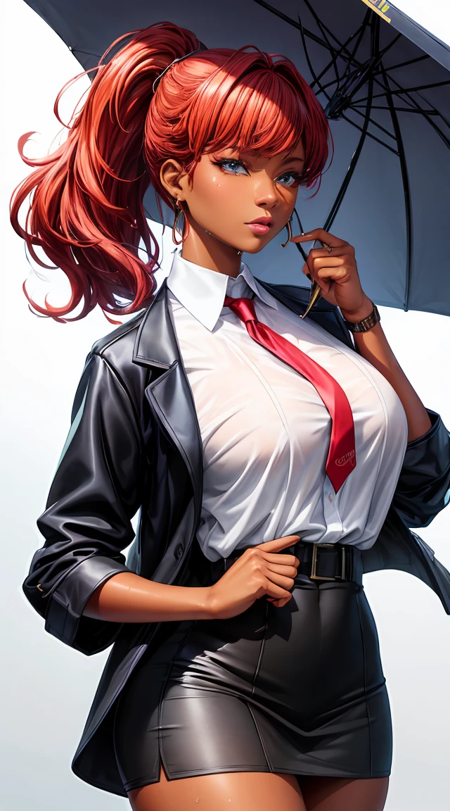 (best quality:1.5, highres, UHD, 4K, detailed lighting, shaders), white and red haired, gradient hair, large breasts, suit, gray shirt, social shirt, short skirt, mature woman , (pov), white background, colorful eyeshadow, dramatic lighting, sparkling eyes, sensual expression, golden earrings, flowing hair, delicate facial features, dark skin, high cheekbones, raining, urban setting, white background, dont look for the camera, lean forward, wet  by the rain.