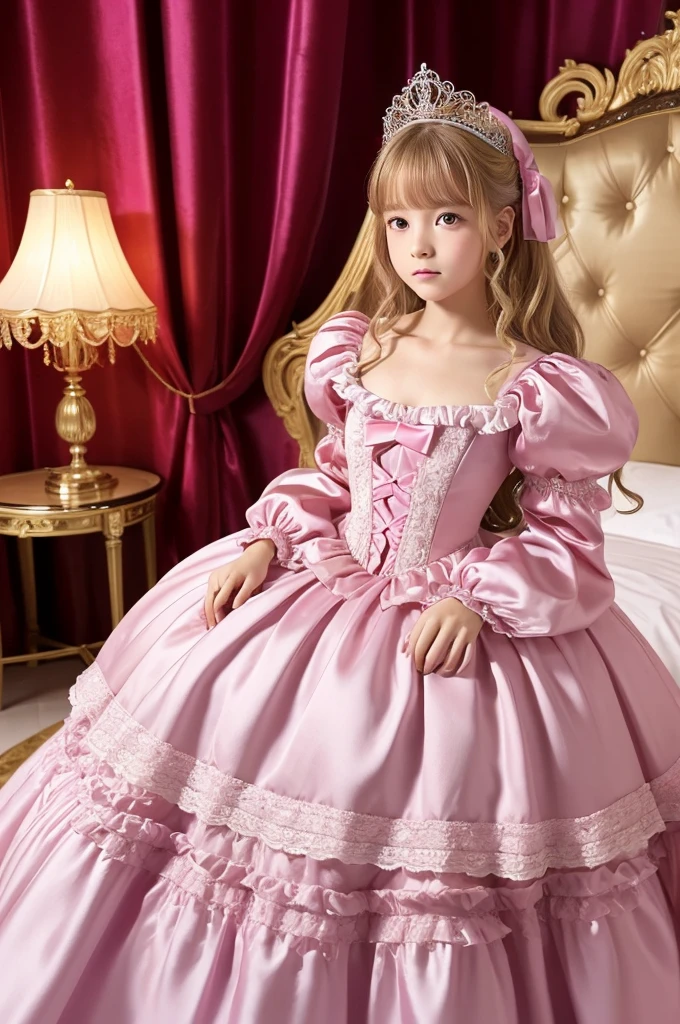 highest quality, masterpiece, highest resolution, artwork, super それにget used to it, many get used to it, get used to it, それにget used to it, 3k realistic pictures,,(( girls)),Ultra-detailed juvenile face,ultra-detailed beautiful little girls,girlsrincess,full length ball gown dress with hoop skirt,ruffled yoke collar,puff sleeves,long sleeve,((Lolita style hot pink detailed princess satin dress with lots of ruffles and ribbons)),Rococo style lolita fashion,shiny satin dress,Soft and smooth fabric,detailed princess dress,luxury,long blonde hair,blue eyes,white skin european,Pajama,((in the bedroom of the palace)),luxury princess canopy king size pink bed,shiny satin sheets,ultra-detailed princess bed,High-quality background,lot of frilled pillows,on the bed,
