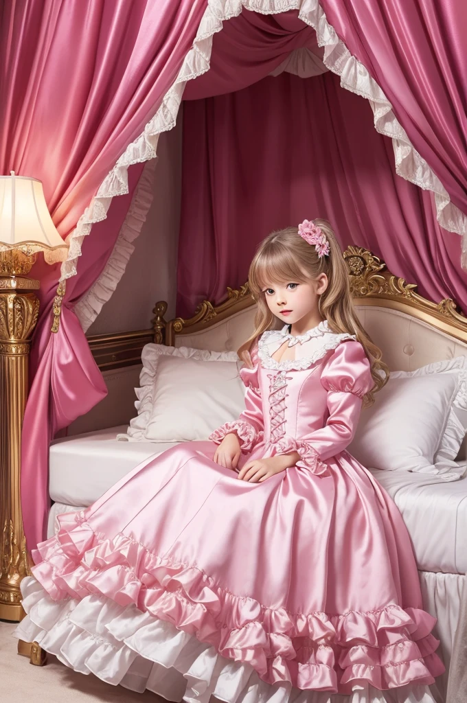 highest quality, masterpiece, highest resolution, artwork, super それにget used to it, many get used to it, get used to it, それにget used to it, 3k realistic pictures,,(( girls)),Ultra-detailed juvenile face,ultra-detailed beautiful little girls,girlsrincess,full length ball gown dress with hoop skirt,ruffled yoke collar,puff sleeves,long sleeve,((Lolita style hot pink detailed princess satin dress with lots of ruffles and ribbons)),Rococo style lolita fashion,shiny satin dress,Soft and smooth fabric,detailed princess dress,luxury,long blonde hair,blue eyes,white skin european,Pajama,((in the bedroom of the palace)),luxury princess canopy king size pink bed,shiny satin sheets,ultra-detailed princess bed,High-quality background,lot of frilled pillows,on the bed,
