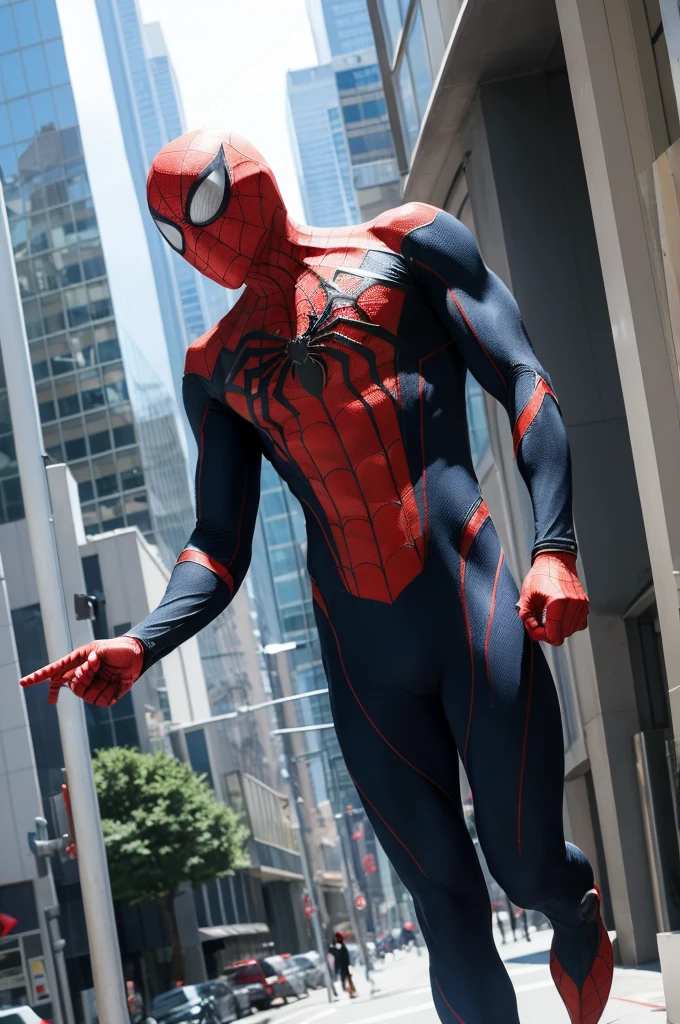 masterpiece, best quality, Spiderman, full tiny Spiderman suit, city background, (muscular:1.35), (full_body and full_leg), (male_focus), hi-tech version, SPAWN mask, Venom, Miles giant version is walking in the buildings, super huge size of spiderman,