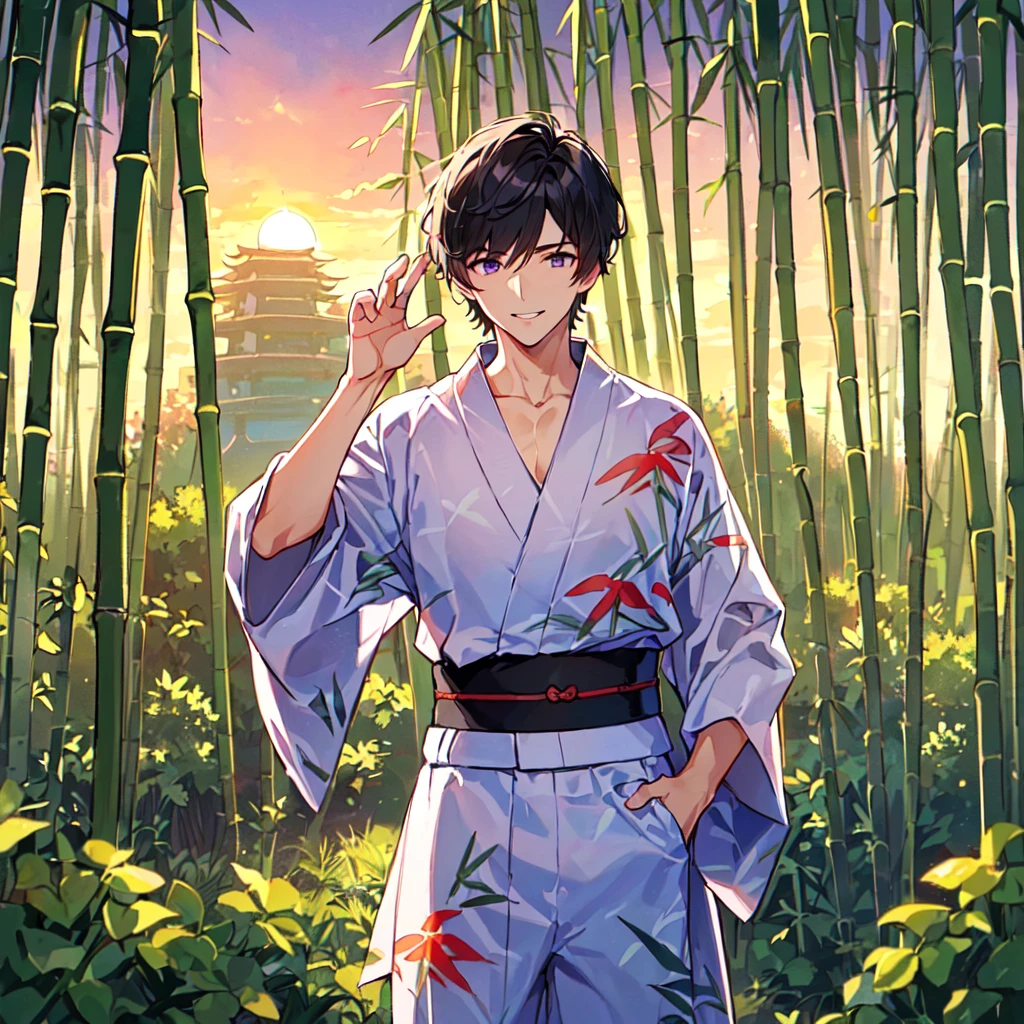 masterpiece,best quality,high quality,(1 male austere handsome solo adult age 30:1.5), purple eyes, cool with drooping eyes, V-shaped eyebrows, body strong and fearless 8.5 head tall, height 185cm, (well-groomed short black hair down to neck:1.4), (bangs 7 thirds parted:1.4), slender nose, facial muscles, throat, (Japanese print summer yukata with short sleeves and pants:1.3), (stylish pose), (cool smile:1.3), (bamboo forest in background:1.3), (sunset:1.3)