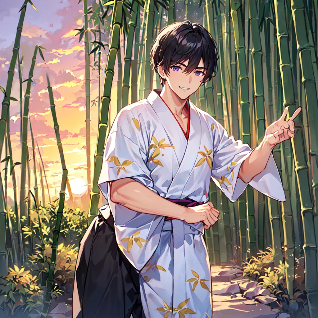 masterpiece,best quality,high quality,(1 male austere handsome solo adult age 30:1.5), purple eyes, cool with drooping eyes, V-shaped eyebrows, body strong and fearless 8.5 head tall, height 185cm, (well-groomed short black hair down to neck:1.4), (bangs 7 thirds parted:1.4), slender nose, facial muscles, throat, (Japanese print summer yukata with short sleeves and pants:1.3), (stylish pose), (cool smile:1.3), (bamboo forest in background:1.3), (sunset:1.3)