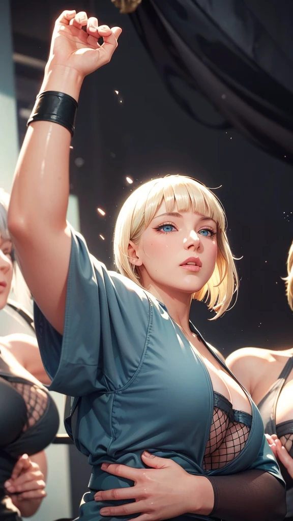 (（（Perfect body,White and tender skin,（（（BLACK KIMONO, CLEAVAGE, VAMBRACES,）））,（（（Samui, blue eyes, blonde hair, short hair, bangs, blunt bangs,）））,((masterpiece)),high resolution, ((Best quality at best)),masterpiece,quality,Best quality,（（（ Exquisite facial features,Looking at the audience,There is light in the eyes,blush,Happy,lol）））,Look up at the sky，Raise a hand，From below）））,（（（Light and shadow,Huge breasts）））,（（（Looking at the camera,black background,)））),