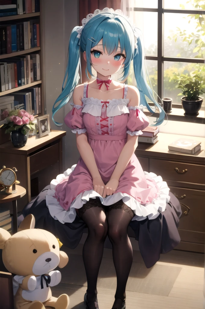 (masterpiece, best quality), hyperdetailed, clean lines, one girl,, blush, twin tail, thin hair clip, cyan colorshift eyes, expressive eyes, collarbone, smile, morning, sunshine, (full shot), Lolita fashin my room。A girl wearing a pink frilly dress with lots of lace and ribbons。It features puff sleeves and a knee-length skirt.、The head dress also has a ribbon attached.。In the background there is a bookshelf and a dressing table.、A soft light shines through the window。There is a bed in one corner of the room.、On top of it is a stuffed toy。
