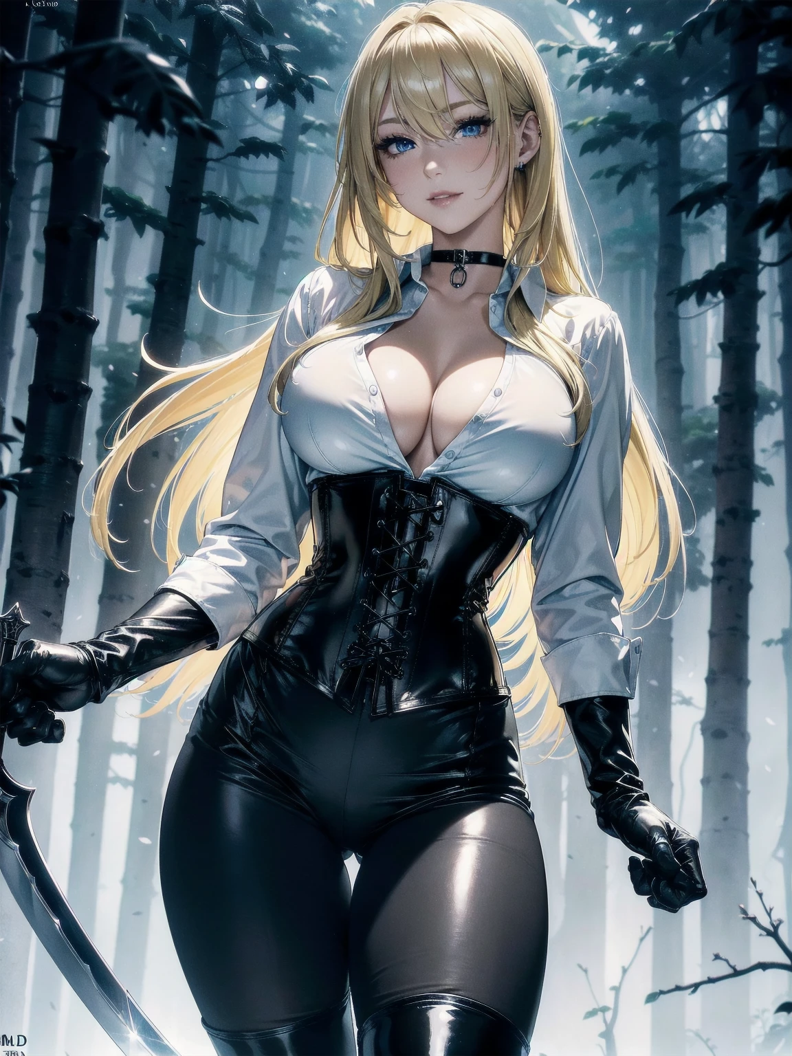 masterpiece, Superior image quality, high resolution, 4k image, 1 young blonde girl of 15 years, standing, {Alone},{{{vagina}}}, big breasts, beautiful face, long black hair, blue eyes, very detailed eyes, seductive expression, draw smile, choker:1.6, (long sleeve white collar buttoned shirt), black gloves, gloves covering hands, (wielding a sword with the right hand), (black leather corset), (shiny black leggings), (Black leather boots), sensual lips , show details in the eyes, view from front, looking at the viewer, dark forest, at night, Atmosphere, fog