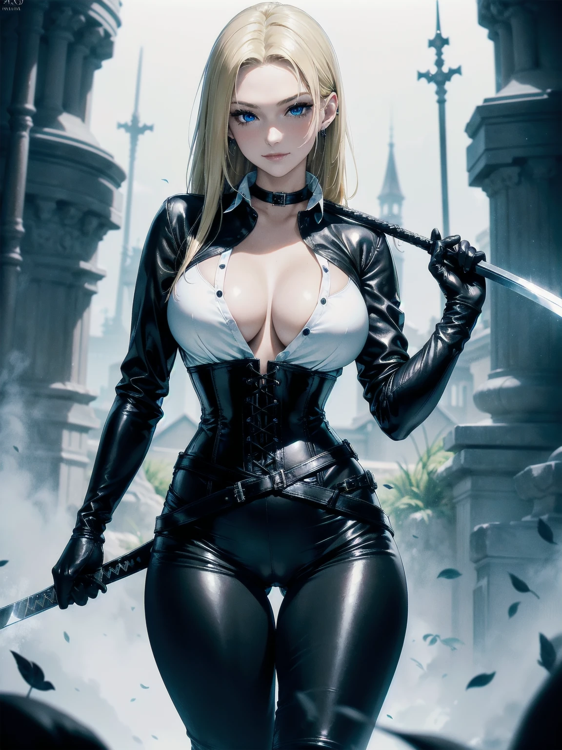 masterpiece, Superior image quality, high resolution, 4k image, ung blonde girl of 15 years, standing, {Alone},{{{vagina}}}, big breasts, beautiful face, long black hair, blue eyes, very detailed eyes, seductive expression, draw smile, choker:1.6, (long sleeve white collar buttoned shirt), black gloves, gloves covering hands, (wielding a sword with the right hand), (black leather corset), (shiny black leggings), (Black leather boots), sensual lips , show details in the eyes, view from front, looking at the viewer, dark forest, at night, Atmosphere, fog