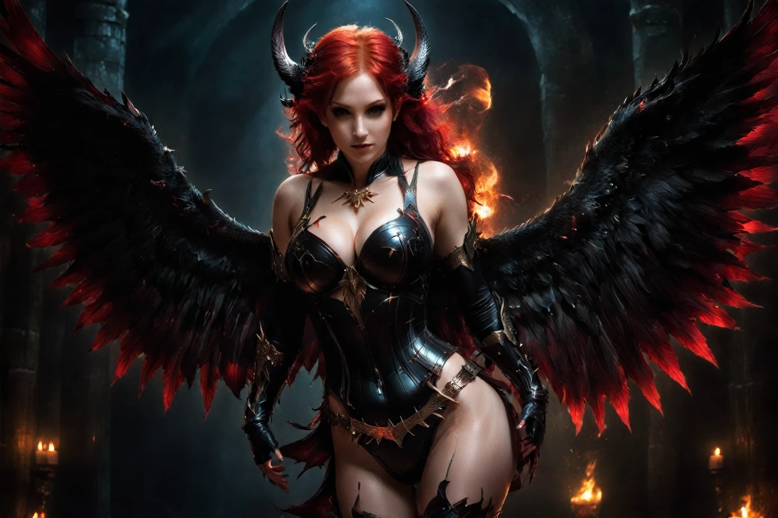 arafed woman with red hair and wings in a dark room, beautiful succubus, succubus | medieval, raven winged female vampire, succubus, diablo 4 lilith, succubus in tight short dress, gothic fantasy art, villainess has black angel wings, lilith, beautiful elegant demon queen, cinematic goddess body shot, epic fantasy art style hd, (highres:1.3)