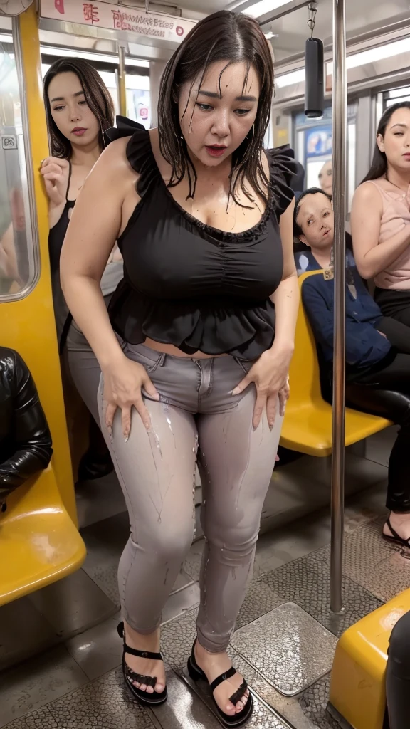 1girl,(masterpiece:1.8),photo-realistic,16k,(beautiful 40s japanese plump lady:1.5),(crowded train:1.6),(black chiffon frilled blouse:1.5),(jeans:1.2),(sandals:1.4),(handing on wetting crotch with both hands:1.3),(leaning forward:1.1),(leaking pee:1.6),(dripping pee:1.5),(blush:1.7),(panicking:1.7),(sobbing:1.6),(brown hair:1.2),long hair,straight hair,black eyes,(attractive older woman:1.1),mature woman,MILF,curvy,huge breasts, (heavy makeup:1.3)