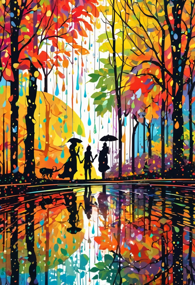 Colorful silhouettes float among the trees, and rain drops fall on the leaves. Dancing with reflection