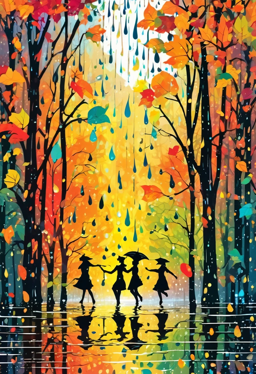 Colorful silhouettes float among the trees, and rain drops fall on the leaves. Dancing with reflection