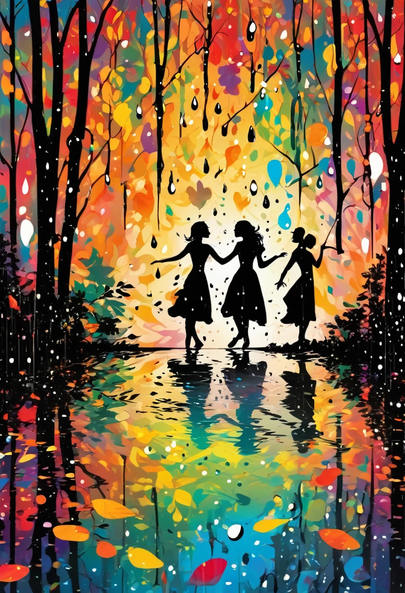 Colorful silhouettes float among the trees, and rain drops fall on the leaves. Dancing with reflection 