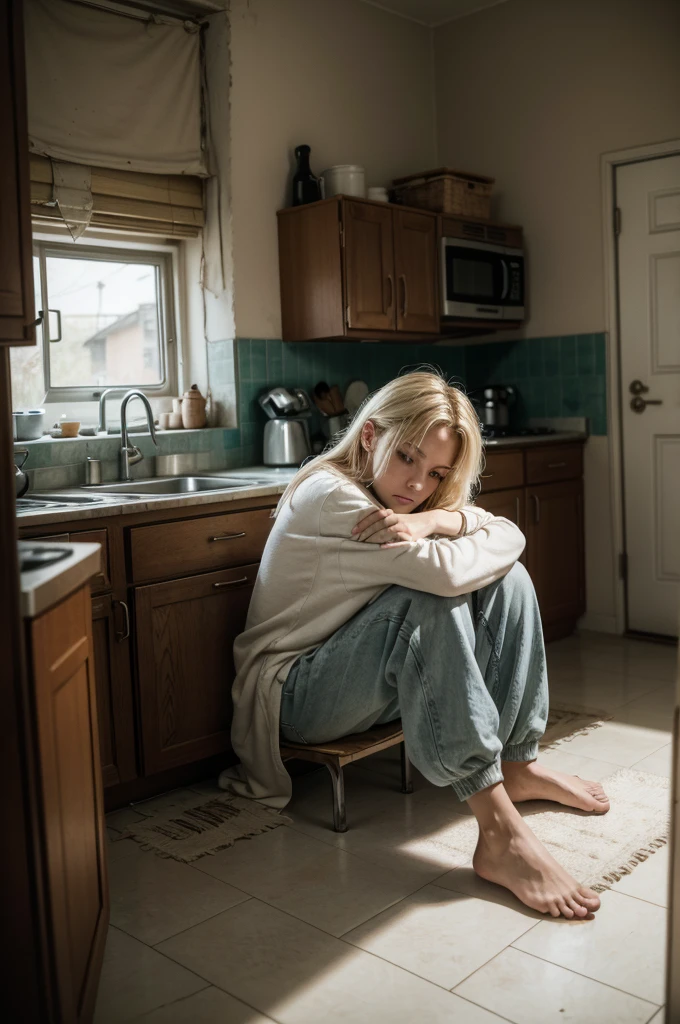 A blonde woman, similar to Elainne Goldives, está sentada In floor de seu quarto. SHE'S LEANING AGAINST THE WALL, with legs bent and arms wrapped around your knees, hugging them like he&#39;s trying to comfort himself. His expression is one of deep despair and anguish.. Her eyes are red and swollen from crying so much, with tears continually streaming down his face. She is in tears, sobbing and with your mouth open, making crying sounds.

She is dressed in simple, worn-out clothes: a loose t-shirt and sweatpants, both looking faded and a little dirty. Your blonde hair is completely messy, falling haphazardly over your shoulders and face, reflecting your disturbed emotional state.

Ao redor dela, In floor, there are several medicine bottles scattered around, some open and some spilled. Some pills are scattered around the bottles, indicating that she tried to take an excessive amount of medication. Between the bottles, there is a crumpled handwritten note, with the word "Sorry" visible between the tears that smudged the ink.

The environment around her is a simple room, with light walls and modest furniture. The bed next to her is unmade, with blankets and pillows thrown in a disorganized manner. There is a bedside table with a lamp, a half-full glass of water and a cell phone with several unread messages, suggesting that she isolated herself from everyone.

The light that enters the room is weak and diffused, filtered through heavy curtains that are partially drawn. The light creates soft shadows that heighten the sense of melancholy and despair in the scene..

The image conveys a strong feeling of helplessness, Loneliness and despair, capturing the painful moment of someone who faced extreme emotional suffering to the point of trying to take their own life. The woman&#39;s vulnerability and desperation are evident, highlighting the seriousness of their situation.