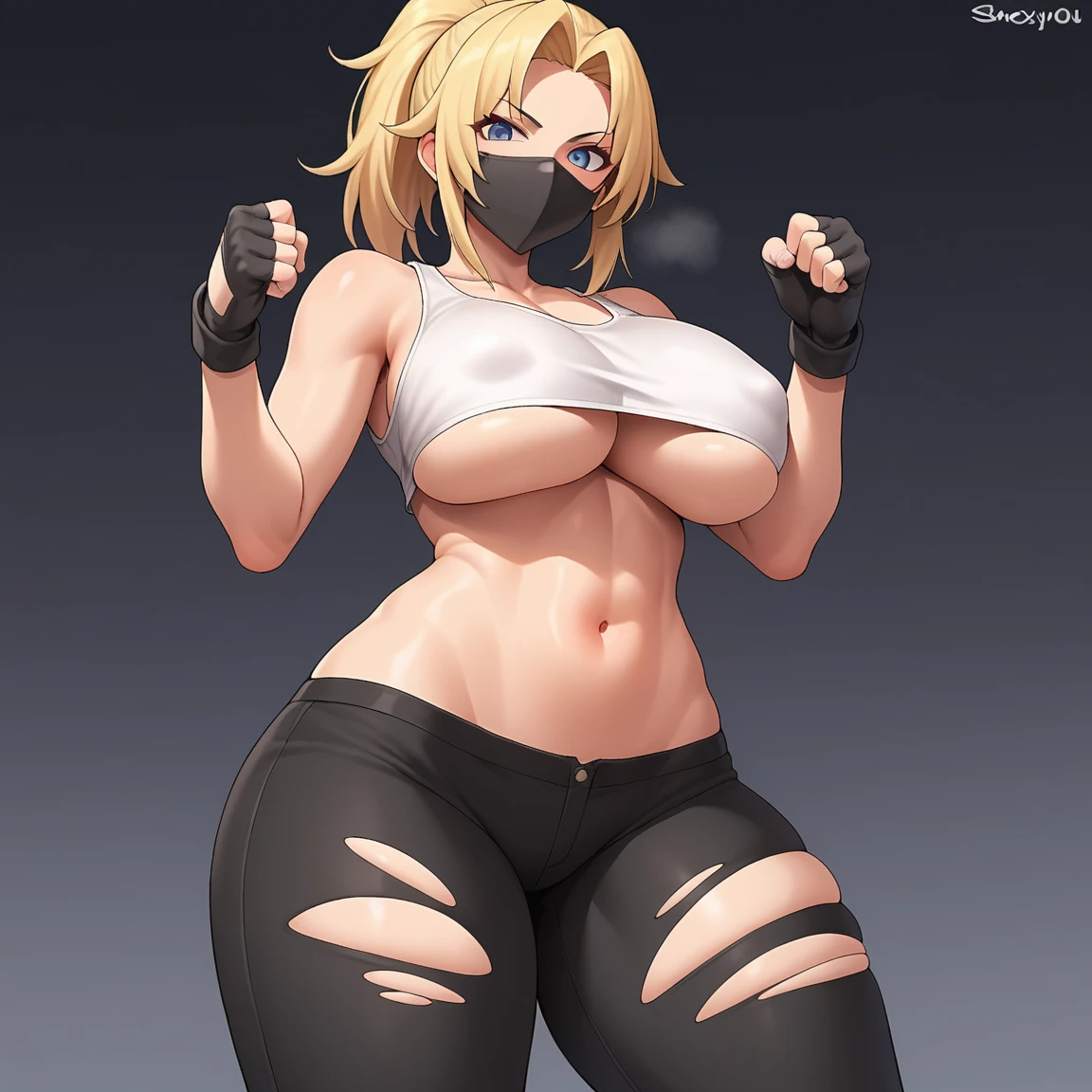 1girl, breasts, mask, solo, pants, hair, mouth mask, eyes, thick_thighs, gloves, hair, huge thighs, cropped_top, big_breasts, white_pants, torn clothes, covered_nipples, looking_at viewer, fingerless gloves, tank_top, crop_top_overhang, navel, underboob, torn_pants, ponytail